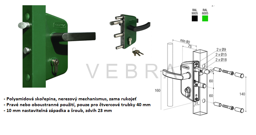 Zámek GARDEN GATE pro zahradní branky. Pro jekl 40 mm - RAL 9005 černá